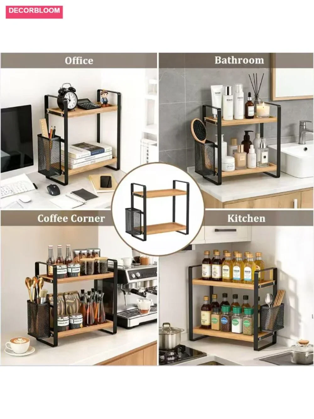 2-Tier Wood Coffee Bar Organizer with Basket, Countertop Shelf for Kitchen
